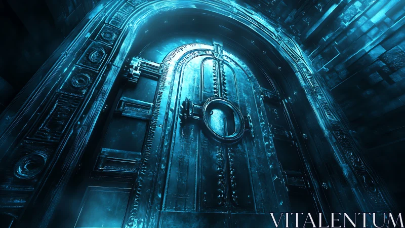 Frozen arcane vault door bathed in spectral blue light.
