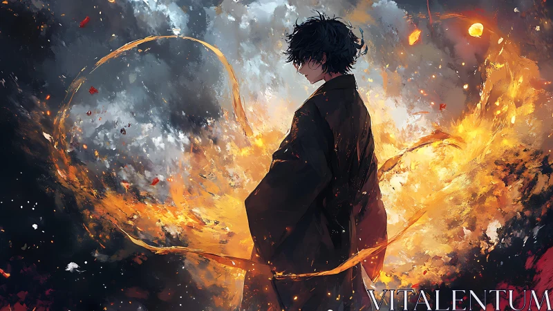 Fiery robed figure encircled by swirling golden embers.