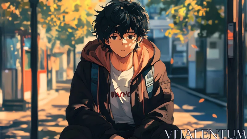 Autumn city street portrait in warm anime character lighting.