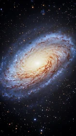 Spiral galaxy with luminous core and diffuse star field.