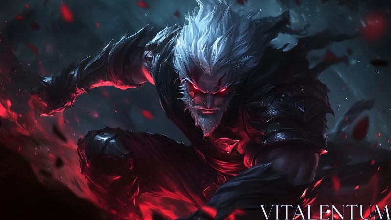 White haired armored warrior crouches amid red energy glow