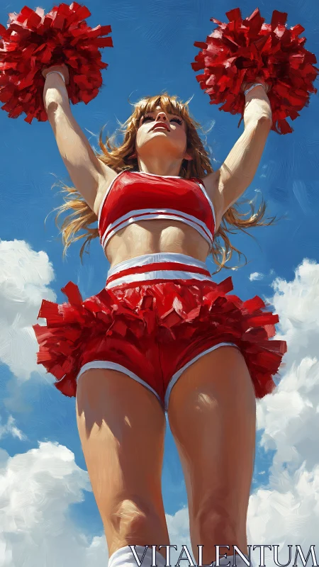 Dynamic cheerleader in red uniform celebrates under vivid sky