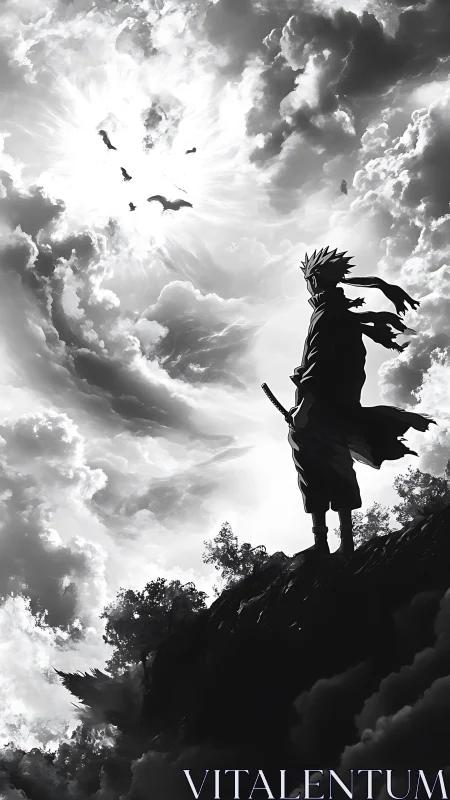 Lone warrior silhouette gazes into radiant storm clouds.