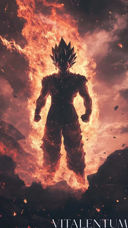 Silhouetted fighter stands in vertical frame amid rising flames