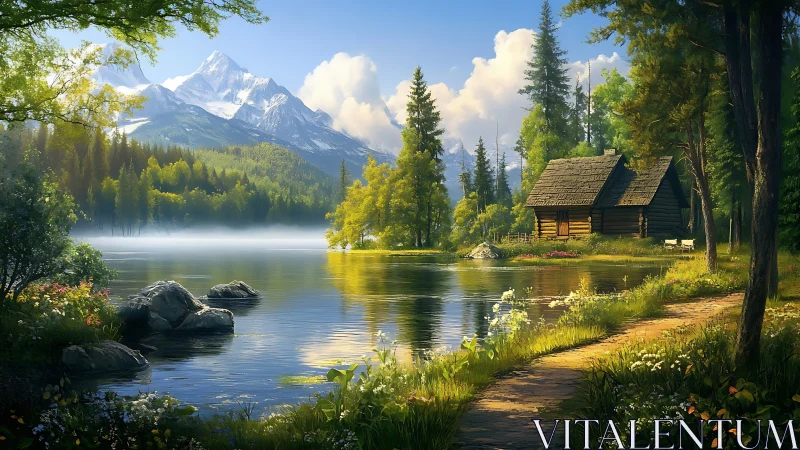 Cozy forest cabin by clear lake under snow capped peaks.