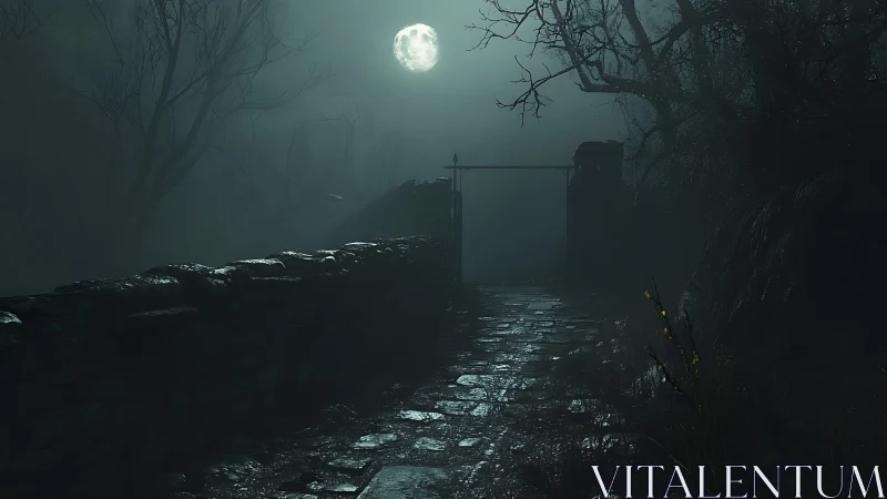 Moonlit stone path through mist with trees and gateway.