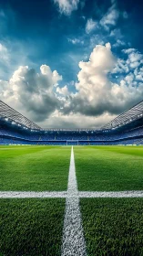 Sunlit stadium pitch ready for kickoff under bold skies.