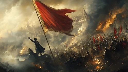 Commanding general beneath scarlet war standard in burning siege.