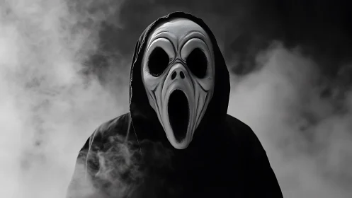 Hooded nightmare specter screaming through silver fog.