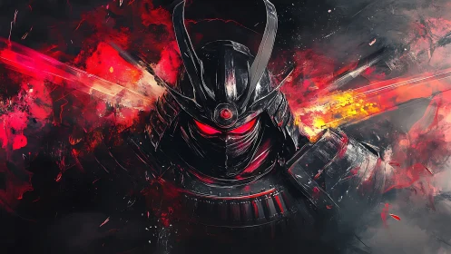 Dark cyber samurai ignites battle aura in blazing crimson storm.