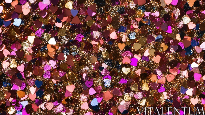 Heart-shaped confetti field with multicolored glitter bokeh.
