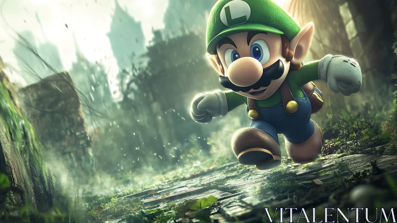 Green-capped hero sprints through rain-soaked ruined realm.