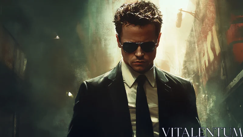 Cool-suited wanderer walking through moody city shadows.