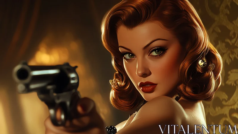 Velvet-lit femme fatale holding her gaze and a secret.