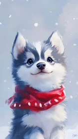 Digital illustration of husky puppy with red scarf in snow.