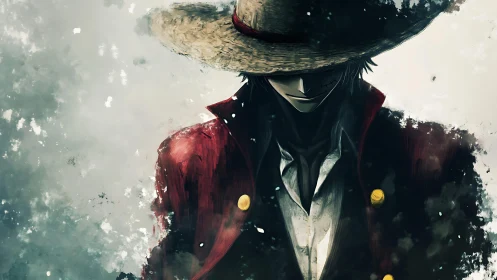 Straw-hatted swordsman in crimson coat, moody ink wash portrait.