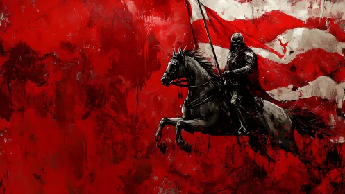 Armored cavalry silhouette against turbulent red fieldscape.