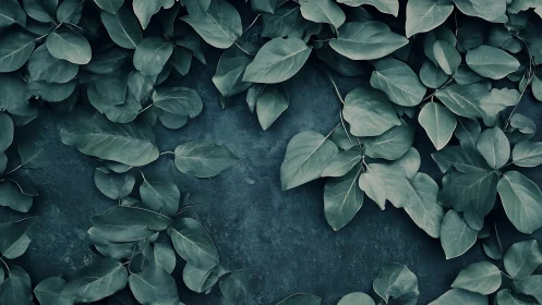 Matte teal foliage leaves over textured dark concrete wall