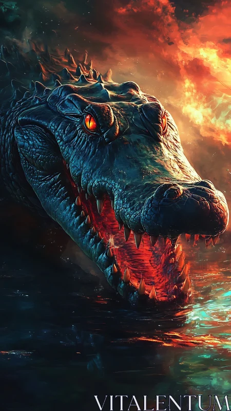 Infernal crocodile emerges from burning abyssal water.