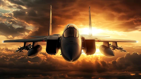 Twin‑engine fighter jet front view against clouded sunset sky.