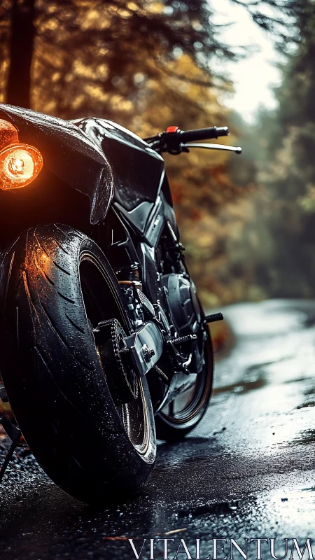 Rear-quarter superbike portrait on wet forest road surface.