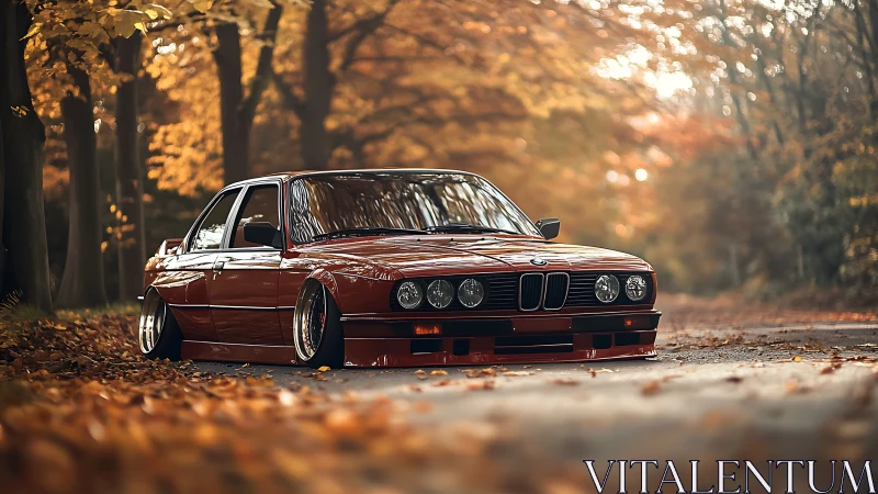 Stanced classic BMW sedan rendered in shallow-depth autumn light