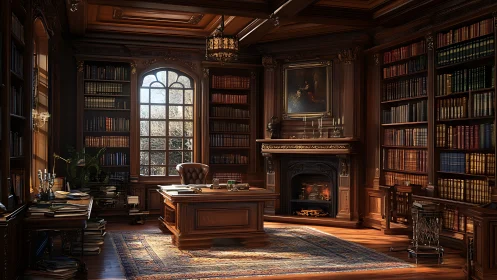 Ornate mahogany home library with central desk, arched window, and lit fireplace