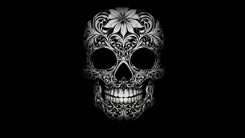 Ornate monochrome skull with floral scrollwork design.