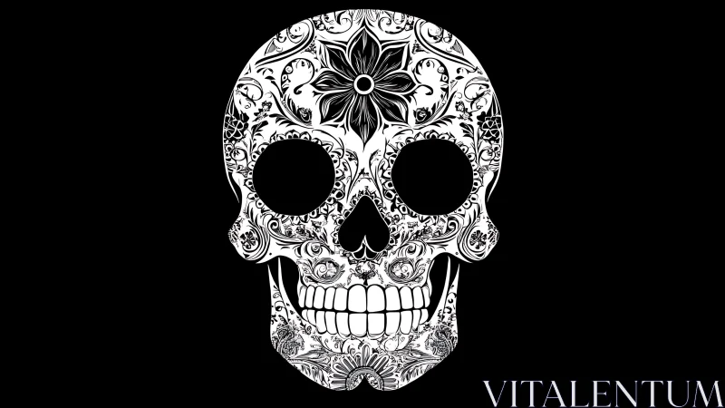 Ornamental vector skull with symmetrical floral engraving motifs.