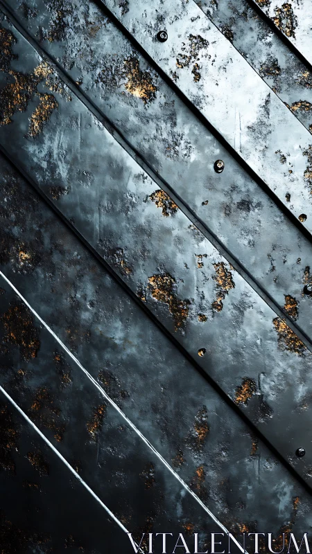Diagonal industrial metal plates show corroded steel patina
