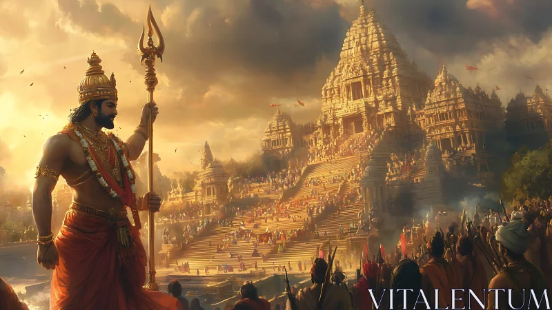 Sunlit warrior-king guards a golden temple of gathered souls.