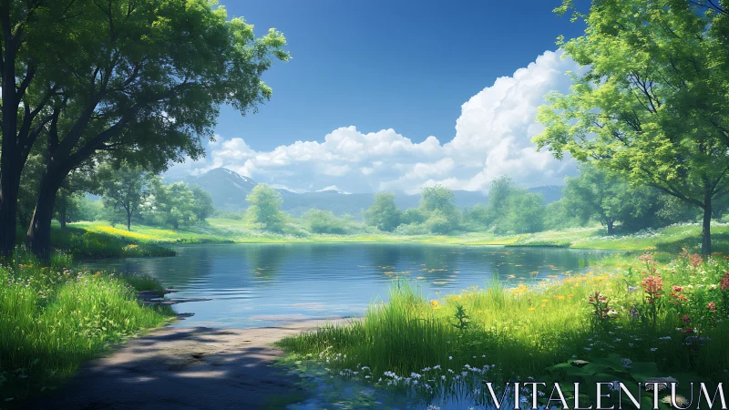 Calm freshwater pond within green valley landscape under sky.