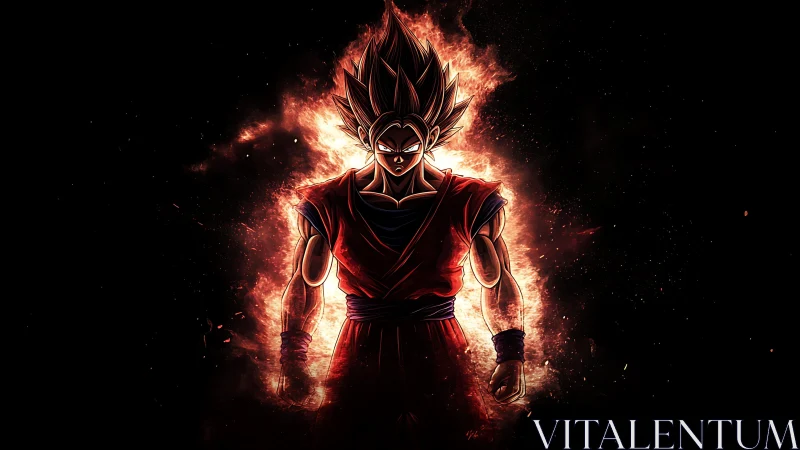 Silhouetted anime fighter in red aura against black field.