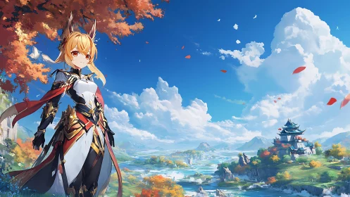 Fox warrior stands over autumn valley under bright sky.