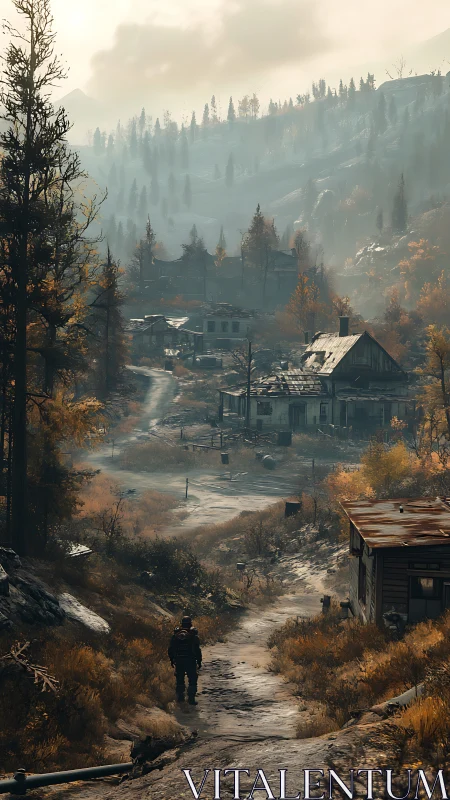 Solitary figure on path approaching rural valley settlement.