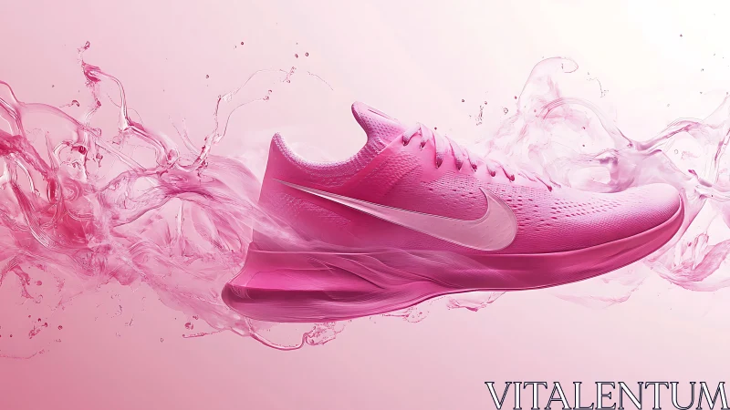 Dynamic pink running shoe suspended in liquid motion splash.