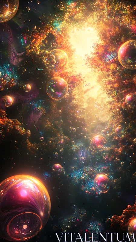 Glowing cosmic bubbles drift gently through a sparkling nebula