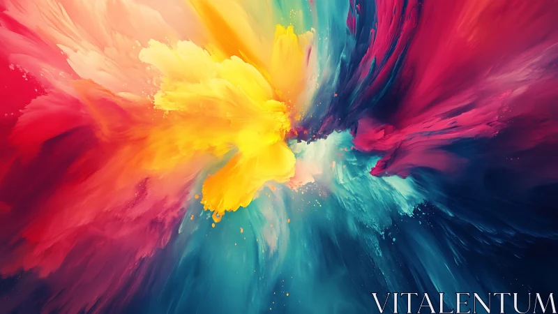 Vivid pigment explosion renders dynamic multicolor energy burst