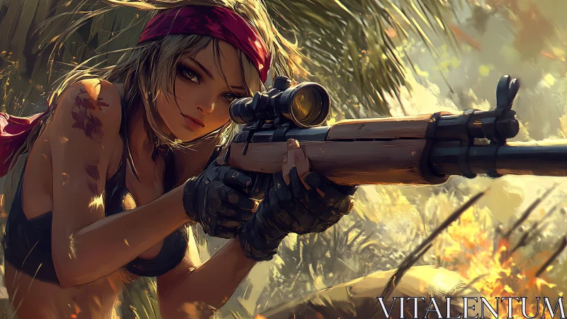 Armed Female Operative with Tactical Rifle in Illuminated Jungle.