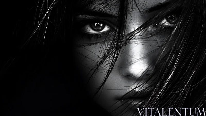 Close black and white portrait with intense direct gaze.