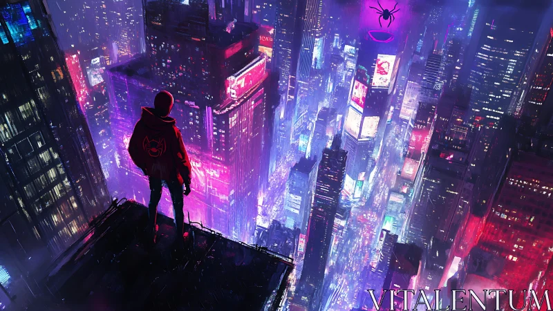 Hooded figure overlooking neon cyberpunk cityscape at night.