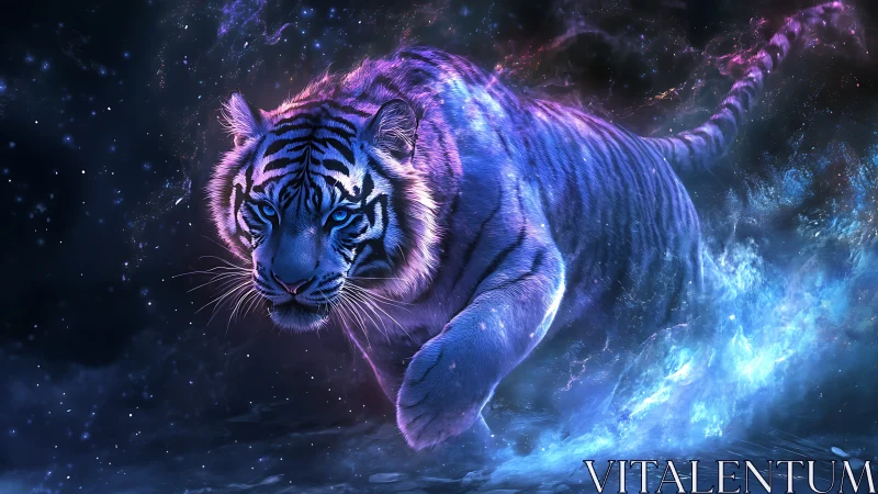 Cosmic blue tiger padding through stardust with quiet power.