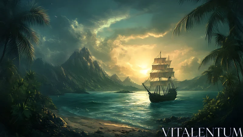 Sailing Ship Anchored in Tropical Bay at Sunset.