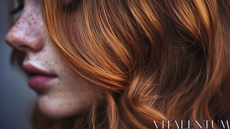 Copper curls drift softly past a freckled, dreaming profile