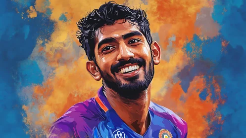 Vibrant digital portrait of smiling cricketer in motion blur.