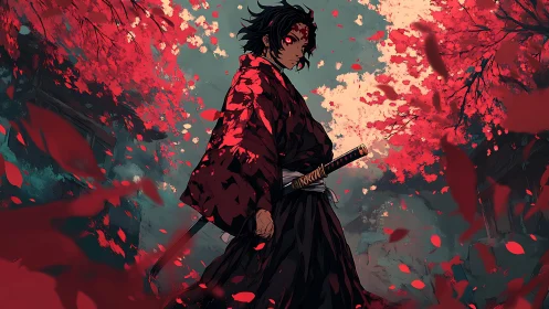 Samurai warrior stands under crimson foliage in dynamic anime tableau