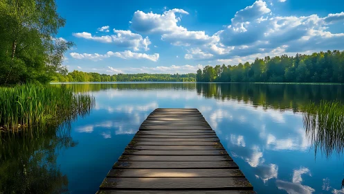 Timber pier leading into reflective forest lake under clouds.
