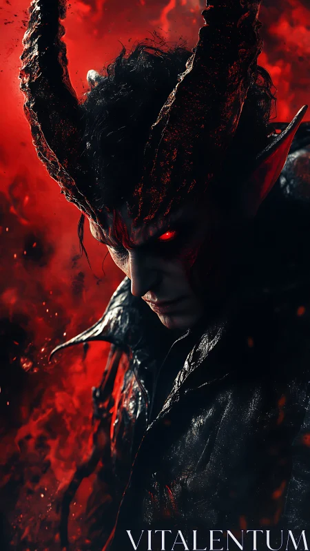 Brooding horned demon wrapped in ember-drenched shadowstorm.