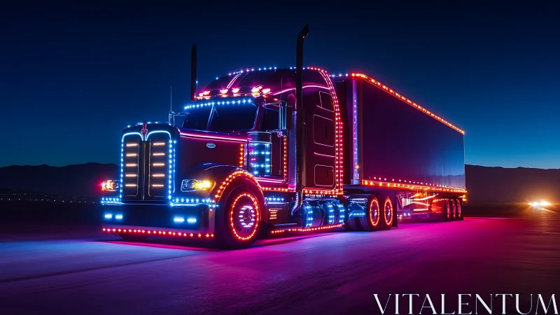 Cyberpunk semi-truck rig with neon perimeter lighting at night.