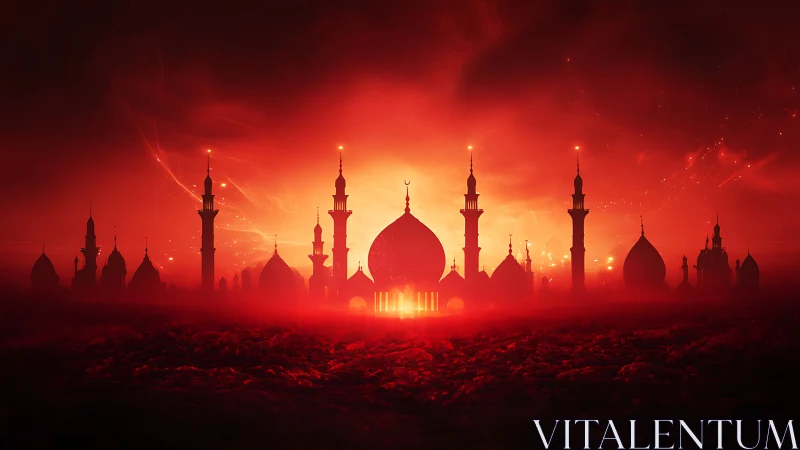 Fiery mosque skyline against glowing red celestial horizon.